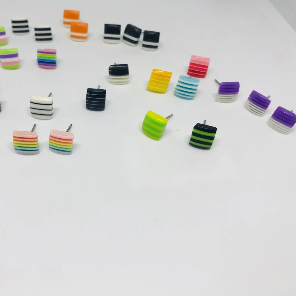 Black Mixed Multi Color Minimalist Repurposed Vintage Striped Bead Stud Earrin…